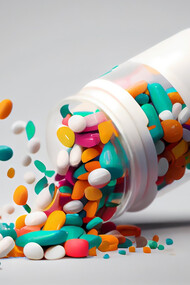 Medicine bottle spilling colorful pills 