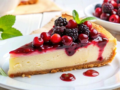 Fetta di cheescake ai frutti di bosco: "E la cheesecake divenne ben presto la mia torta preferita ed ebbi modo di affinare la ricetta provando varie decorazioni alternative ai lamponi come ad esempio il mango fresco tagliato a fettine"