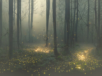 The fireflies cover the floor of the forest