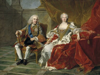 Felipe V e Isabel Farnesio pintados por van Loo en 1743: el primer Borbón que reinó en la península y con el que empezó el proceso fallido de recentralización y castellanización de las instituciones españolas