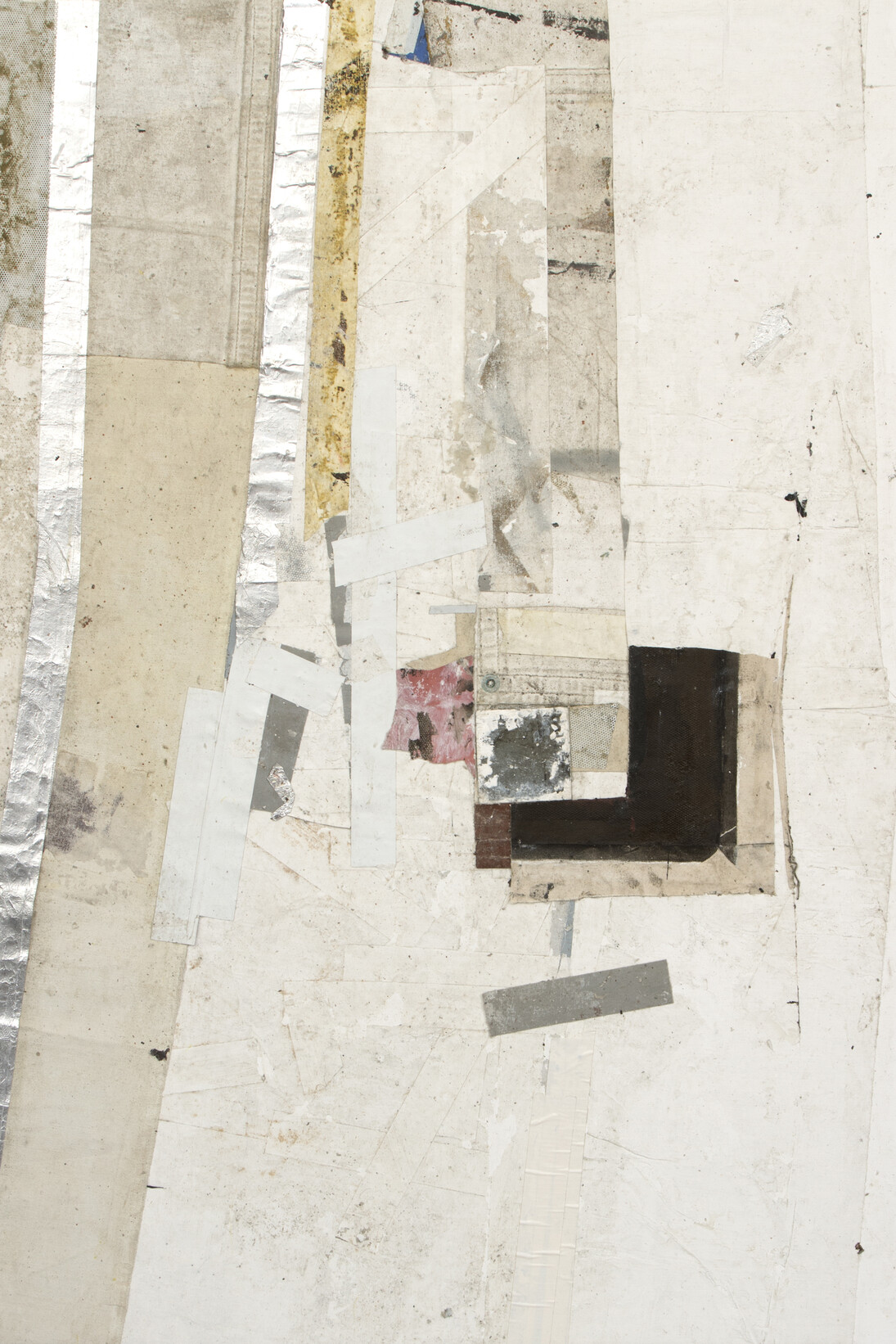 Ryan Wallace, Redactor XVI, 2014, Enamel, pigment, acrylic, vinyl, aluminum, lead, tape, canvas on canvas, 58 x 48 in. Courtesy: Susan Inglett Gallery, NYC.