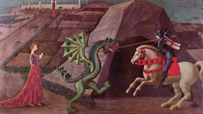 Paolo Uccello. Saint Georges and the Dragon, 1430-35. Oil on wood, 131 x 103 cm