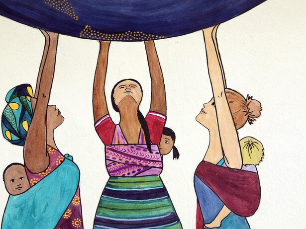 Women across cultures lift the weight of the world together — carrying care, responsibility, and hope for the next generation