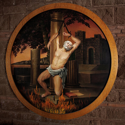 Ugo La Via, Martirio di San Policarpo, olio su tavola, diametro 160 cm, 1981 (foto Davide Simiele)