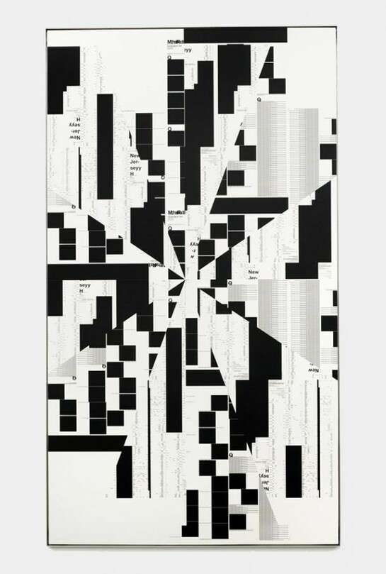 Michael Riedel, Untitled (Wheel 4 spoke), 2014, Silkscreen on honeycomb panel, 100 3/8 x 56 3/4 inches (255 x 144 cm). Courtesy the artist and David Zwirner, New York/London