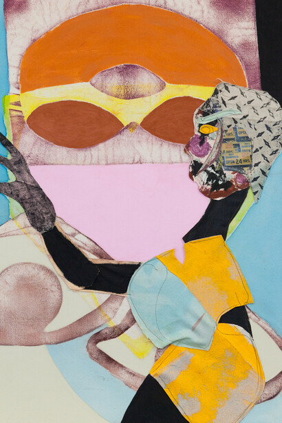 Tschabalala Self, Bodega Run, 2015, Oil, pigment and Flashe® on canvas, 111.8 x 76.2 cm (44 x 30 in). Courtesy of Arthur Lewis and Hau Nguyen, Los Angeles. Photograph by Thomas Nelford