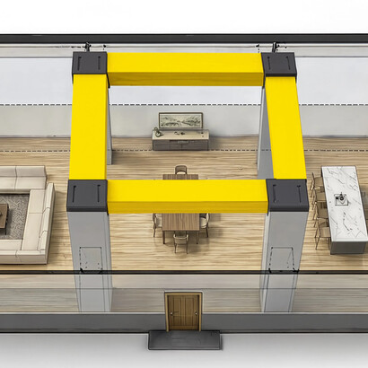 Als der Skelettbau mit Säulen und Balken als eigenständigen Bauelementen der Tragstruktur ins Spiel kam, löste dies eine neue Welle im architektonischen Entwurf aus. Bild: Entwurf mit Säulen und Balken, der großzügige Raumflächen schafft
