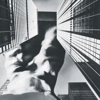 Francesco Somaini, Carnificazione di un'architettura: martirio. Grande edificio per servizi pubblici costituente immagine antropomorfica emergente, 1975-1976, fotomontaggio, 800 x 800 mm Archivio Francesco Somaini. Courtesy of La Triennale di Milano