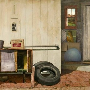 Gregory Gillespie, (detail) Back Entrance: Williamsburg, Massachusetts, 1972, oil and Magna on wood, 54 x 84 inches