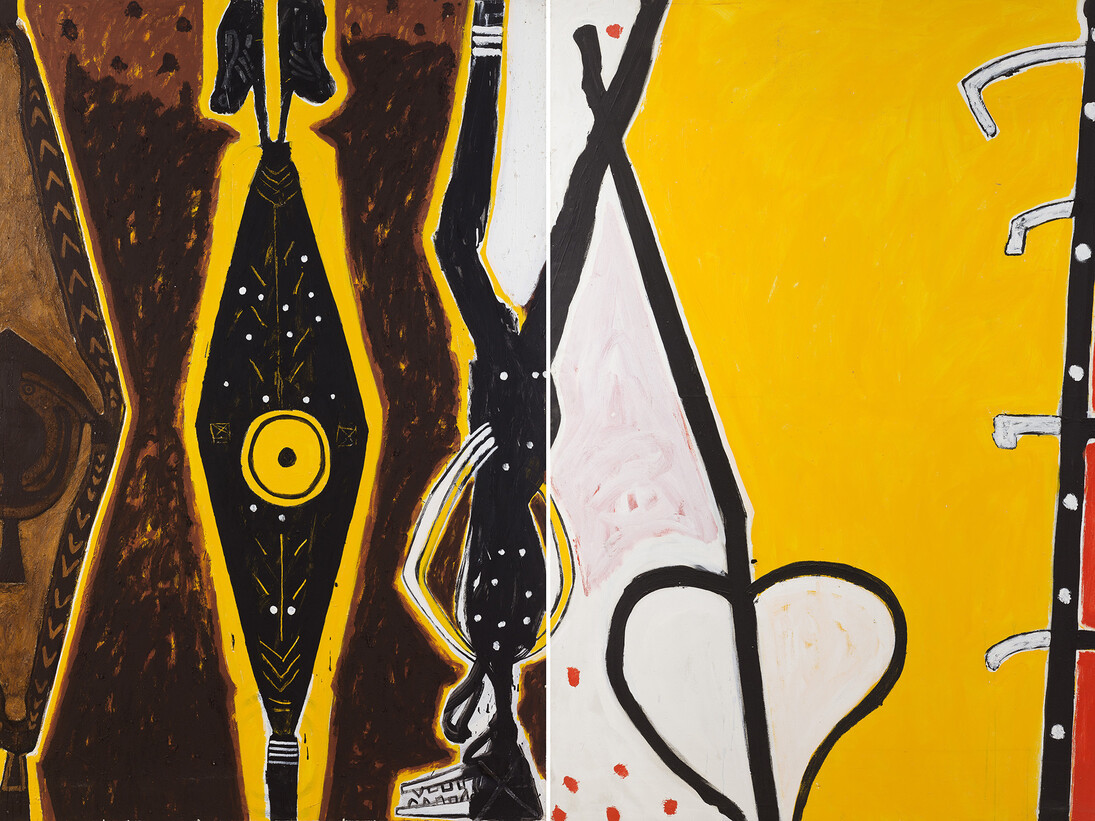 Ouattara Watts, Ritual Painting n°2, 1988,  diptych, mixed media on canvas, 180 x 432 cm, Courtesy Galerie Boulakia