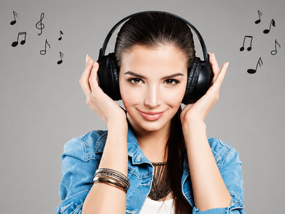 Young woman listening to music through headphones, illustrating how a catchy melody can become stuck in the mind as an earworm