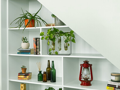 Libreria di casa arredata con piante, libri, lampade e candele