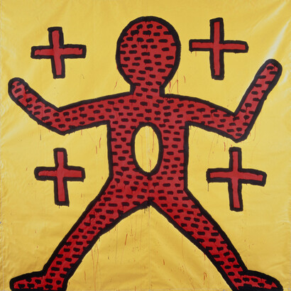 Keith Haring, Untitled, 1981 Inchiostro vinilico su telone di vinile 244 x 244 cm Salisburgo, Kunstmuseum, Collezione Neggy Diba © Keith Haring Foundation