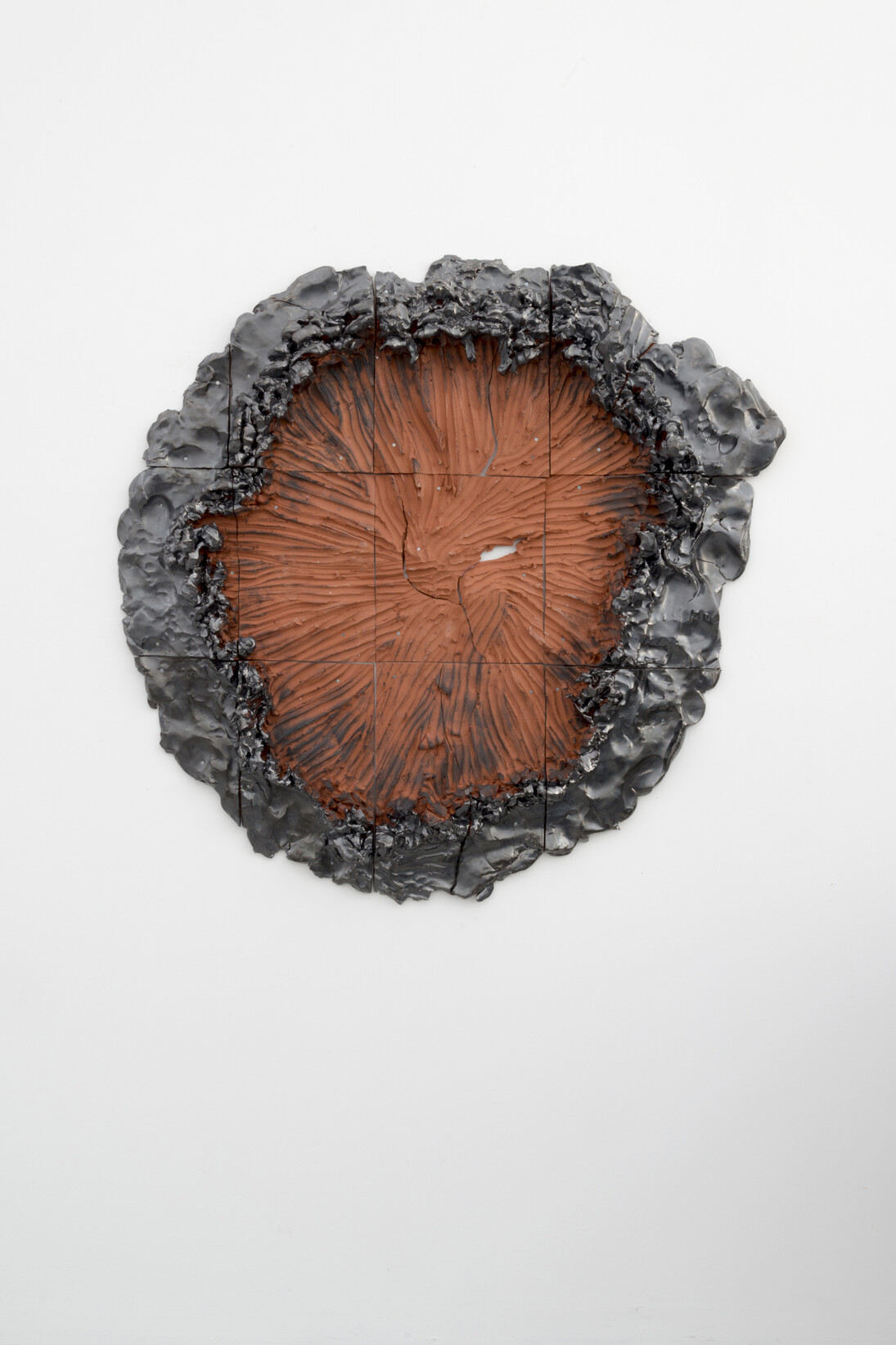 Brie Ruais, Raked Open, 132lbs, 2014, Glazed ceramic, hardware, 44 x 46 x 4 inches, 111.8 x 116.8 x 10.2 cm, courtesy the artist and Nicole Klagsbrun, photo credit Adam Reich