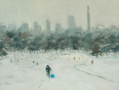 Henry Kondracki, Primrose Hill, Sledging, oil on canvas, 24 x 27.75 inches