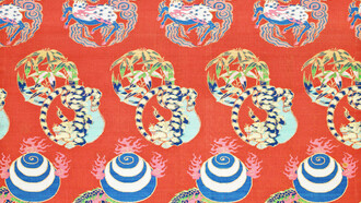 Nishiki. Médaillons représentant phénix et paulownia, kirin et nuages, tigre et bambou, dragon et joyau enflammé. 
Soie, lampas, fond sergé; lamelles de papier doré. Fin époque d’Edo, 1801-1868. CB-TJ-1927-57 © Copyright Fondation Baur, Genève 
