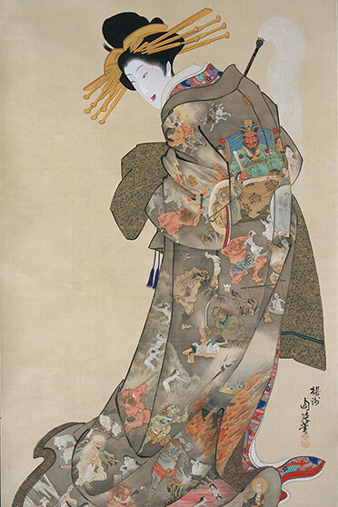 Yōshū Chikanobu (Hashimoto Chikanobu), Japanese (1838–1912), The Hell Courtesan (Jigoku-dayū), Japanese, Edo period–Meiji era, latter half of the 19th century.Hanging scroll; ink and color on silk, image: 57 3/16 x 28 1/8 in. Museum of Fine Arts, Boston, William Sturgis Bigelow Collection, 11.7329
Photograph © 2017 Museum of Fine Arts, Boston