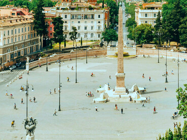 Piazza del Popolo in Rome, Italy, the name translating to 'People's Square' and originating from the poplar trees that once grew nearby