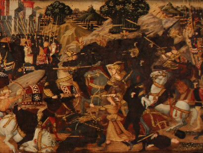 La lucha se lleva a cabo con gran fiereza, al final después de muchas dificultades, Eneas hiere con una lanza a Turno,.Paolo Uccello (1397 - 1475). Episodios de la Eneida. Seattle Art Museum, EE. UU.