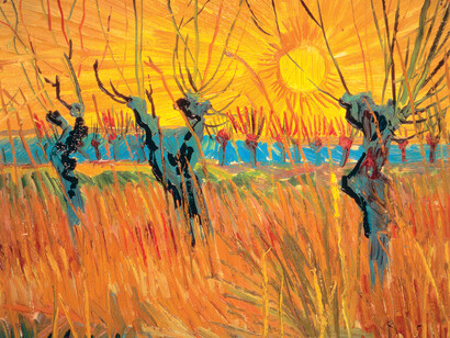 Vincent van Gogh, Néerlandais, travaillant en France, 1853 – 1890, Saules au coucher du soleil, 1888, Huile sur toile montee sur carton, 31,6 × 34,3 cm, Kroller‑Muller Museum, Otterlo, Pays-Bas, Photo Art Resource, NY