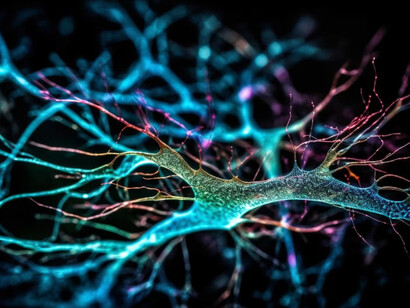 A digital illustration of interconnected neurons highlights the cellular networks disrupted during Alzheimer’s progression