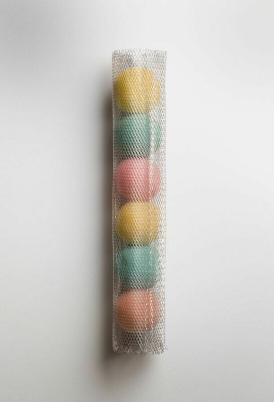 Magdalena Drwiega, Mesh and Balls, 2013, Mixed Media, 50 x 9cm, Copyright the Artist, Photograph courtesy of Belmacz
