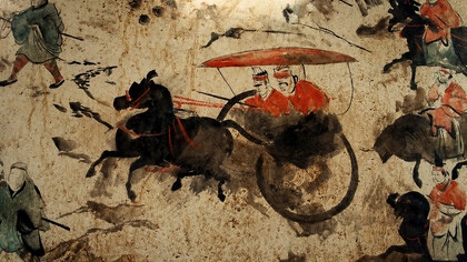 Late Han Dynasty fresco depicting nine chariots, fifty horses, and more than seventy figures, discovered in a tomb in Luoyang, China