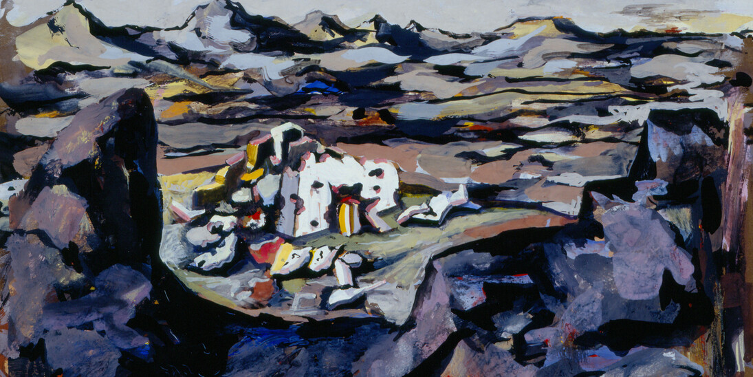Philip C. Curtis, Landscape with Destruction, 1944. Watercolor on illustration board. Collection of Phoenix Art Museum, Gift of the Philip C. Curtis Restated Trust U/A/D April 7, 1994.