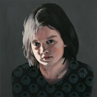 Claerwen James, Blue and black painting, 2009, oil on board, 15 x 15 inches, courtesy of Flowers Gallery