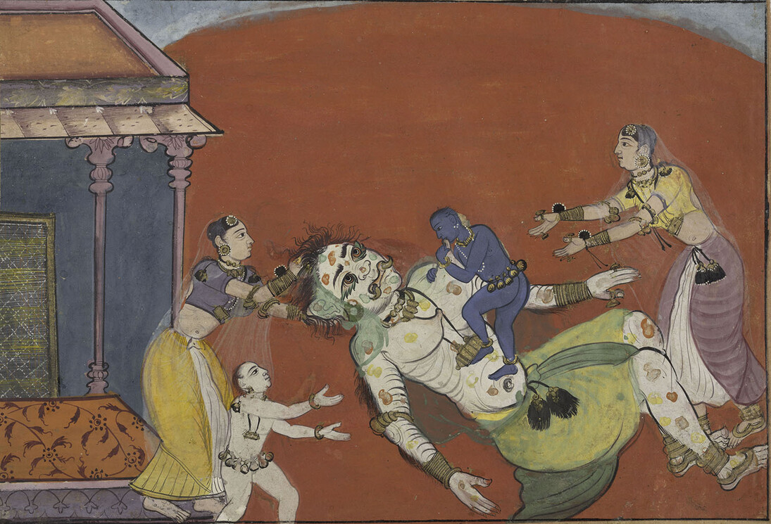 The Death of the Demoness Putana: Page from a Dispersed Bhagavata Purana
India (Rajasthan, Bikaner), ca. 1610 Ink and opaque watercolor on paper Image: 6 5/8 × 9 5/8 in. (16.8 × 24.4 cm) Sheet: 9 5/8 × 11 7/8 in. (24.4 × 30.2 cm) Cynthia Hazen Polsky and Leon B. Polsky Fund, 2002
Photo: Courtesy of The Metropolitan Museum of Art