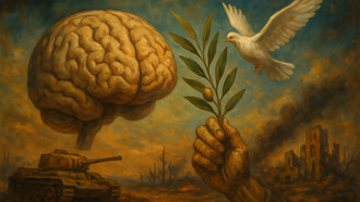A fragile dove rises with an olive branch against the backdrop of war and ruin, symbolizing the struggle between destruction and the enduring hope for peace
