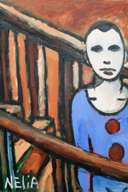 Nelia Gibbs,
The Stairwell (detail),
2024,
Acrylic on canvas,
24 x 20 in/61 x 50.8 cm. Courtesy of the artist and Fountain House Gallery