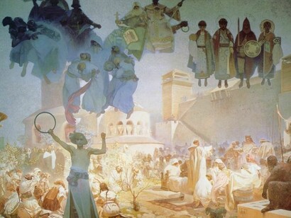 Die Einführung der slawischen Liturgie, 1912. Eitempera auf Leinwand, 610 x 810 cm. Mucha-Stiftung, Prag.  
