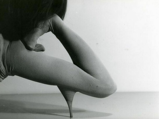 Birgit Jürgenssen, Shoe-roulade, 1977, Black and white photograph, 23.9 x 30.2 cm / 9 3/8 x 11 7/8 ins, Copyright Estate Birgit Jürgenssen, Vienna, Courtesy Estate Birgit Jürgenssen, Vienna and Alison Jacques Gallery, London