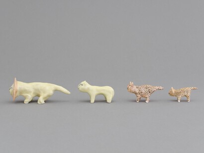 Shio Kusaka, Group 2, 2014, porcelain, lion 2: 2 1/2″ × 6 1/4″ × 2 1/4" / 6.3 × 15.8 × 5.7 cm, lion 4: 2 1/4″ × 4″ × 1 1/2" / 5.7 × 10.2 × 3.8 cm, cheetah 2: 2 1/4″ × 4″ × 1 1/2" / 5.7 × 10.2 × 3.8 cm, cheetah 1: 1 3/4″ × 3″ × 1″ / 4.5 × 7.6 × 2.5 cm, Photo: Studio Kusaka. Courtesy of greengrassi, London