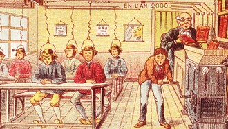 Cartão produzido em 1910, da série "França em 2000 - Escola do Futuro". Previa-se a escola francesa do ano 2000 operando com o princípio de baixar o conhecimento dos livros didáticos diretamente para o cérebro por meio de uma máquina elétrica. A IA oferece muitos benefícios, mas apresenta riscos complexos e significativos para a ética e a sociedade sem aplicações responsáveis. Os sistemas de IA assumem papéis de tomada de decisão mais autônomos, correndo o risco de viés algorítmico, falta de transparência, privacidade e segurança de dados e deslocamento de empregos