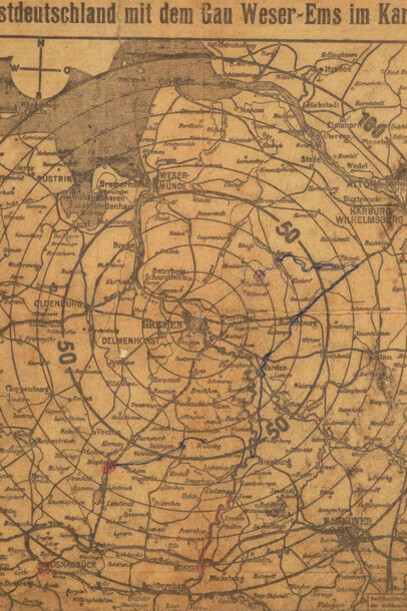 Map of northwest Germany marked with the location of Milag Nord prisoner of war camp, from a newspaper, from a group of items associated with Gordon C. Rose. Courtesy of National Museum of Scotland