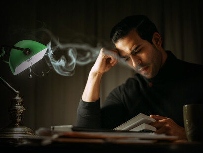 Hombre fuma solitario mientras leer un libro