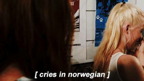 A scene from the hit show Skam where a teen is crying and the subtitle reads "cries in Norwegian"