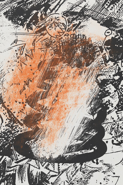 Pat O'Neill, The Deadly Spiral, 1978
Xerographic toner on paper, 11 by 8 1/2 in.  27.9 by 21.6 cm. MI&N 13034
