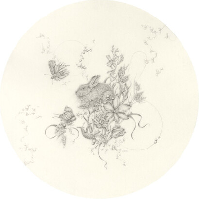 Eva Nolan, Large-spotted Sun Orchid and Rabbit, 2023, graphite pencil on paper, acrylic frame, 20x20 cm. Courtesy the artist and Olsen Gallery, Sydney