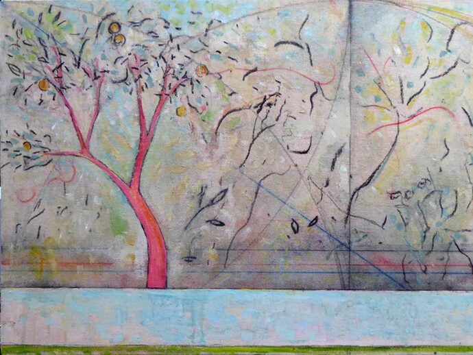 Harry Adams, Quia impossibile est ut hortus, quoddam, oil characoal and beeswax encaustic on cotton covered boards, 61 x 86,5 cm