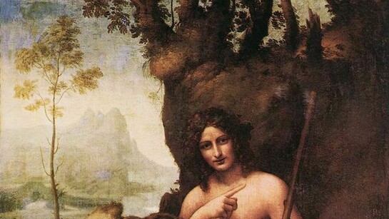 Fragmento de "Baco (o San Juan Bautista)", cuadro pintado hacia 1510-1515: los expertos dudan acerca de quién es la figura representada (¿Baco o Juan Bautista?) e incluso su autoría (el fondo del cuadro no parece propio de Leonardo)