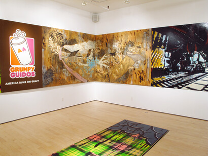 Installation view (left-right): MOODY, America Runs on Graff; NohJColey, Oh, Deception of Independence; 
Kenji Nakayama, Brooklyn; Darkcloud and David Pappaceno, Raining on Your Plaid Parade (located on floor)