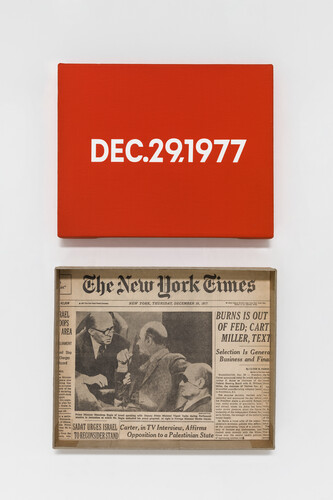 On Kawara, DEC. 29, 1977, “Thursday.” New York, From Today, 1966–2013, Acrylic on canvas, 8 x 10 inches (20.3 x 25.4 cm), Pictured with artist-made cardboard storage boxes, 10 1/2 x 10 3/4 x 2 inches (26.8 x 27.2 x 5 cm), Private collection. Photo: Courtesy David Zwirner, New York/London
