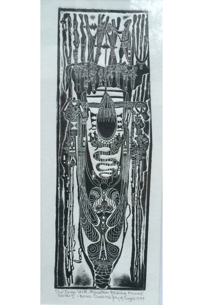 Bruce Onobrakpeya, Rise well, Lino etching, 1988, Edition 5/25
