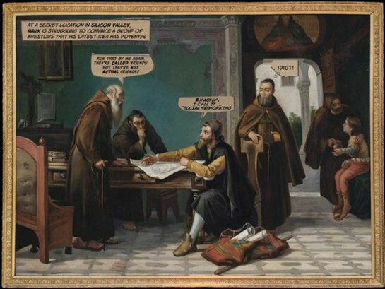 The Connor Brothers, They're called Friends, 2013, 'Christopher Columbus at the Monastery Rabida' - Bastardized Italian school, 
19th Century oil on canvas, 125 x 166.6 cm