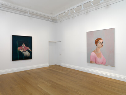 In Homage at Skarstedt London installation view, George Condo, Portrait of a Woman (right), 2002, Francis Bacon, Study for a Pope III (left) 1962, Image courtesy of Skarstedt