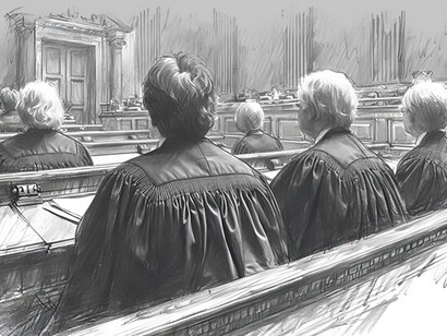 Black and white illustrations depicting the legal profession, with a focus on lawyers in a courtroom setting