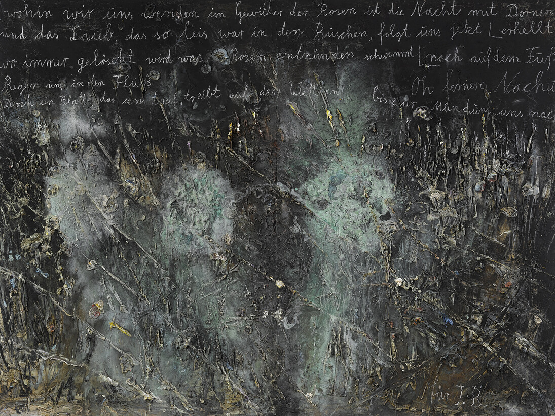 Anselm Kiefer, wohin wir uns wenden im Gewitter der Rosen, 2014, Acrylic, emulsion, oil, shellac, chalk and sediment of electrolysis on photograph mounted on canvas, 280 x 380 cm (110,24 x 149,61 in), Courtesy Galerie Thaddaeus Ropac, Paris/Salzburg © Anselm Kiefer, Photo: Ulrich Ghezzi